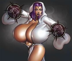 1girls arella_roth big_breasts breasts_bigger_than_head cloak dc dc_comics enormous_breasts female female_focus female_only huge_breasts light-skinned_female light_skin looking_at_viewer mature mature_female milf mother no_bra no_panties ph purple_eyes purple_hair teen_titans thick_thighs top_heavy voluptuous voluptuous_female