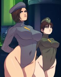 arms_behind_back beret breasts brown_hair capcom corruption female_only femsub jill_valentine leotard multiple_girls rebecca_chambers resident_evil shadaloo_dolls short_hair standing standing_at_attention street_fighter triplexmile