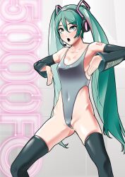 1girls arm_warmers blue_hair breasts cleavage collarbone eyebrows_visible_through_hair female_only femsub grey_eyes haigure hair_ornament hatsune_miku headphones microphone one-piece_swimsuit open_mouth person_of_rom simple_background solo squatting standing swimsuit tattoo thighhighs twintails very_long_hair vocaloid