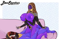 alien becsantus big_breasts bioware breasts cowgirl_(disambiguation) electronic_arts female furniture hi_res huge_breasts hyper hyper_breasts male mass_effect multi_arm multi_limb nipples purple_body purple_nipples quarian sala'nori_vas_koto_(oc) signature sofa