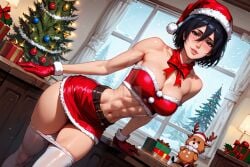 1girls abs ai_generated attack_on_titan big_breasts black_hair breasts christmas hat mature mature_female mikasa_ackerman milf naughtygirlsai santa_hat short_hair solo thighhighs