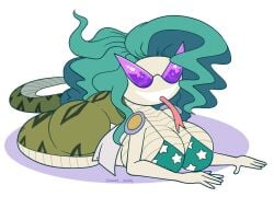 2019 anaconda animal_humanoid anthro apode ass big_breasts big_butt bikini boa_(snake) boa_sandersonia boinae breasts cape clothing disney draconcopode eyewear female female_only green_hair hair hi_res humanoid knick_knack lamia legless long_hair monamania non-mammal_breasts one_piece pixar reptile reptile_humanoid scalie scalie_humanoid serpentine simple_background snake snake_humanoid solo split_form sunglasses sunnification sunny_miami swimwear tongue tongue_out white_background