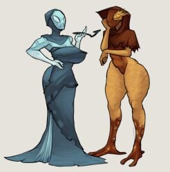 2girls 3_toes alien ass ass_vs_breasts ben_10 big_breasts big_butt blue_body blue_skin bottom_heavy breasts cloak clothing curvy_figure dress duo evolved_necrofriggian eyelashes feet female female_only headgear headwear hi_res hijab hood hourglass_figure huge_breasts huge_thighs md34 multiple_girls necrofriggian nude orange_body orange_skin pseudo_clothing red_body red_skin religious_clothing religious_headwear smoking_pipe thick_thighs toes top_heavy wide_hips