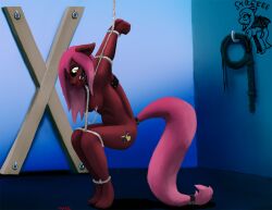 anthro ball_gag bondage bound cutie_mark ears_back equid equine female gag looking_down mammal my_little_pony nipple_chain nude pegasus pivoted_ears restraints rope rope_bondage saint_andrew's_cross solo volt_(oc) warskunk_(artist) whip wings