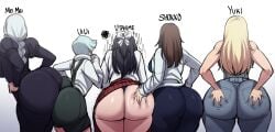 1boy 4girls ass_bigger_than_head ass_comparison ass_size_chart big_ass big_butt blackwhiplash bwl female female_focus femboy incest jujutsu_kaisen large_ass large_butt male mei_mei_(jujutsu_kaisen) rose_spread shoko_ieiri ui_ui_(jujutsu_kaisen) utahime_iori yuki_tsukumo yuri