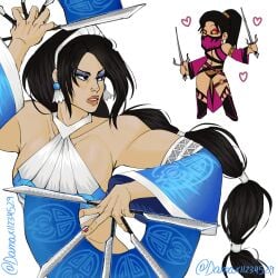 2girls blades chibi confusion damax edenian fan female female_focus female_only hybrid kitana love masked masked_female mileena mortal_kombat mortal_kombat_(2011) sais skimpy skimpy_clothes tarkatan tarkatan_eyes warner_bros._games warner_brothers