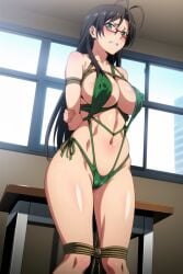 ai_generated big_breast big_breasts bikini black_hair black_hair_female bondage glasses green_bikini green_eyes green_swimsuit green_swimwear hasegawa_chisato huge_breast huge_breasts large_breast large_breasts mature_female mature_woman milf older_female older_woman red_glasses shinmai_maou_no_testament sling_bikini sling_swimsuit slingshot_bikini slingshot_swimsuit swimsuit swimwear tied tied_arms tied_hands tied_up