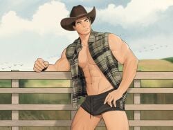 1boy bara clothing cowboy cowboy_hat katto8452 lin.katto male male_focus male_nipples male_only muscular_male nipples solo_male