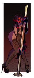 black_hair body_hair creepypasta crossdressing fangs feminine gloves heels high_heels hypnos_lullaby long_hair male_only nude_male pierced_nipples scary_face solo steven_(strangled_red) stockings strangled_red stripper stripper_pole