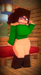 1girls 3d bottomless bra braces breasts brown_eyes brown_hair female front_view glasses hips iamcringe irene_cream_(iamcringe) light-skinned_female light_skin mine-imator minecraft nerd nerdy nerdy_female no_panties no_pants ponytail pussy solo solo_female standing sweater wide_hips