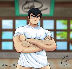 1boy arms_crossed big_breasts big_pecs dadbod dilf hairy hairy_male male male_only norman norman_(pokemon) pecs pokemon ren_k2l white_shirt