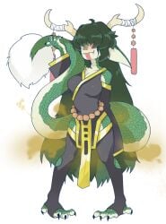 13o anthro aroused big_ears blush dragon dress fart green_hair green_scales horns long_hair medium_breasts no_eyes simple_background