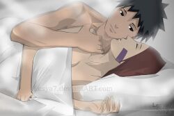 1boy 1boy1girl 1girls after_sex bare_shoulders black_hair breasts brown_hair couple cuddling facepaint kissing kissing_cheek lesya7 long_hair lying lying_on_bed lying_on_side makeup male/female naruto naruto_(series) naruto_shippuden nohara_rin on_side romantic romantic_couple short_hair straight uchiha_obito under_covers