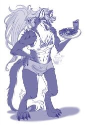 2021 animal_humanoid anthro balls bedroom_eyes beverage biped black_and_white blue_body blue_fur blush bottomwear bulge canid canid_humanoid canine canis chest_tuft claws clothed clothing crop_top digital_drawing_(artwork) digital_media_(artwork) digitigrade duel_monster english_text erection erection_under_bottomwear erection_under_clothing feet femboy_hooters folgo_justice_fur_hire food fruit fur genitals girly grey_hair greyscale hair hair_up hi_res hooters_uniform humanoid konami long_hair looking_at_viewer male male_only mammal mammal_humanoid meme midriff monochrome multicolored_body muscular muscular_male narrowed_eyes nipples open_mouth paws penis plant ponytail portrait purplevulpes seductive server shirt shorts signature simple_background smile solo standing tank_top text text_on_clothing text_on_shirt text_on_tank_top text_on_topwear thick_thighs toes tongue tongue_out topwear tuft two_tone_body underwear video_games waiter white_body white_fur wolf worker yu-gi-oh!