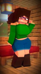 1girls 3d boots braces breasts brown_eyes brown_hair clothed clothing female front_view glasses hips iamcringe irene_cream_(iamcringe) light-skinned_female light_skin mine-imator minecraft nerd nerdy nerdy_female ponytail shirt shorts solo solo_female standing wide_hips