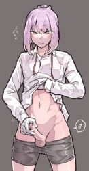 1boy blue_eyes blush censored clothes_lift clothes_pull deiii femboy genderswap_(ftm) gloves highres kantai_collection lifted_by_self long_hair male_focus masturbation penis pink_hair ribbon_hair rule_63 shiranui_(kantai_collection) shirt_lift shorts shorts_pull solo testicles trap