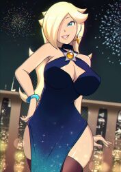 1girls bare_shoulders big_breasts big_thighs blonde_female blue_eyes bracelet breasts brooch cleavage clothed clothing collar cutout dress earrings female female_only fireworks hair_over_one_eye legwear light-skinned_female light_skin lipstick long_hair looking_at_viewer mario_(series) nail_polish nintendo nipple_bulge pantsudesu platinum_blonde_hair princess_rosalina solo sparkling_dress star_earrings starry_night_dress_(sarukaiwolf) stockings super_mario_galaxy thick thick_hips thick_thighs thighhighs wide_hips