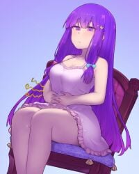 13o 1girls chair cleavage clothed clothed_female female imminent_fart indigestion looking_down patchouli_knowledge purple_eyes purple_hair sitting sitting_on_chair solo_female thick_thighs touhou