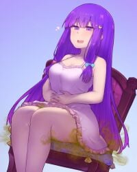 13o chair cleavage fart indigestion patchouli_knowledge purple_eyes purple_hair relief thick_thighs touhou