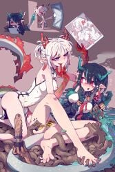 ! 2girls absurdres anus arknights ball_gag bangs bare_legs barefoot bead_bracelet beads black_hair black_jacket blush blush_stickers bondage bound bound_wrists bracelet breasts brown_background chibi china_dress chinese_clothes chinese_commentary colored_skin crossed_legs cuffs dildo dragon_girl dragon_horns dragon_tail drawing drawing_tablet dress drooling dusk_(arknights) earrings eyebrows_visible_through_hair eyeshadow fellatio flexible_toes full_body gag gloom_(expression) gradient_skin green_hair green_nails green_skin hair_between_eyes hair_over_one_eye handcuffs head_steam high_heels highres holding holding_tablet_pc horns imazawa incest jacket jewelry kicking kneeling licking licking_finger long_hair looking_at_another maebari makeup medium_breasts motion_lines multicolored_hair multicolored_skin multiple_girls nail_polish necktie nian_(arknights) nian_(unfettered_freedom)_(arknights) official_alternate_costume open_clothes open_jacket open_mouth opening_door oral parted_bangs peeling pelvic_curtain pointy_ears purple_eyes pussy pussy_juice pussy_juice_trail red_eyes red_hair red_necktie red_skin restrained saliva sex_toy shirt side_slit simple_background sisters sleeveless sleeveless_dress smile spread_legs streaked_hair stylus surprised sweat sweating_profusely tablet_pc tail tail_raised talisman tassel tassel_earrings tentacle tentacle_sex thighs toenail_polish toenails tongue tongue_out two-tone_hair uncensored walking white_dress white_footwear white_hair white_shirt wooden_dildo yuri