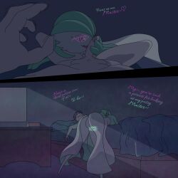 <3_eyes 1:1 absurd_res alarm_clock anthro ass balls bed bedroom blue_background bodily_fluids breasts clock dialogue digital_media_(artwork) duo english_text erection female female_focus first_person_view furniture gardevoir genital_fluids genitals glowing glowing_eyes green_hair hair handjob heart hi_res holding_penis human human_penetrating humanoid humanoid_genitalia humanoid_penis illusion interspecies looking_at_viewer lying male male/female male_pov mammal night nintendo not_furry nude on_back on_bed open_mouth penile penis pillow pokémon_(species) pokemon pokemon_(species) precum psychic pussy red_eyes sex shaking simple_background smile solo_focus steel_snake teasing telepathy text trembling video_games white_body