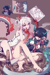 ! 2girls absurdres anus arknights ball_gag bangs bare_legs barefoot bead_bracelet beads black_blindfold black_hair black_jacket blindfold blush blush_stickers bondage bound bound_wrists bracelet breasts brown_background chibi china_dress chinese_clothes chinese_commentary colored_skin covered_eyes crossed_legs cuffs dildo dragon_girl dragon_horns dragon_tail drawing drawing_tablet dress drooling dusk_(arknights) earrings eyebrows_visible_through_hair eyeshadow fellatio full_body gag gloom_(expression) gradient_skin green_hair green_nails green_skin hair_between_eyes hair_over_one_eye handcuffs head_steam high_heels highres holding holding_tablet_pc horns imazawa incest jacket jewelry kicking kneeling leaf licking licking_finger long_hair looking_at_another makeup medium_breasts motion_lines multicolored_hair multicolored_skin multiple_girls nail_polish necktie nian_(arknights) nian_(unfettered_freedom)_(arknights) official_alternate_costume open_clothes open_jacket open_mouth opening_door oral parted_bangs pelvic_curtain pointy_ears purple_eyes pussy pussy_juice red_eyes red_hair red_necktie red_skin restrained saliva sex_toy shirt side_slit simple_background sisters sleeveless sleeveless_dress smile spread_legs streaked_hair stylus surprised sweat sweating_profusely tablet_pc tail tail_raised tassel tassel_earrings tentacle tentacle_sex thighs toenail_polish toenails tongue tongue_out two-tone_hair uncensored walking white_dress white_footwear white_hair white_shirt wooden_dildo yuri