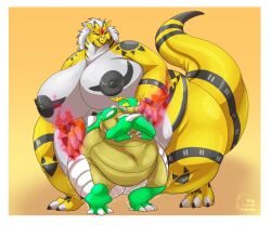 2016 anthro bandai_namco belly big_belly big_breasts biglovealicia breasts digimon digimon_(species) digital_drawing_(artwork) digital_media_(artwork) dragon duo female growlmon hair male overweight overweight_female signature size_difference talons tentomon weight_gain yellow_body