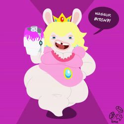 1girls animated anthro anthro_only big_breasts big_thighs blonde_hair blue_eyes breasts breathotter brooch cleavage clothed clothing crown earrings female female_only half-closed_eyes huge_breasts huge_thighs large_breasts large_thighs long_hair looking_at_viewer mario_(series) mario_+_rabbids mario_+_rabbids:_kingdom_battle morbidly_obese nintendo no_nose obese obese_female open_mouth pink_clothing puffy_short_sleeves rabbid rabbid_peach rabbit raving_rabbids slightly_chubby speech_bubble text thick thick_hips thick_thighs ubisoft walking white_skin wide_hips