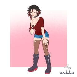 1girls baggy_clothing corbiejack female female_only nipple_pasties posing ruby_rose rwby solo teasing tongue tongue_out torn_stockings