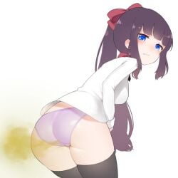 13o black_hair blue_eyes embarrassed fart new_game! stockings takimoto_hifumi thick_thighs