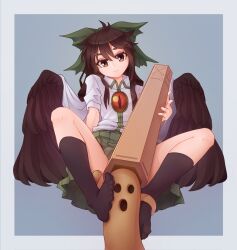 black_legwear black_wings bow brown_hair feet female green_bow green_skirt hair_between_eyes hairbow haniwa_(statue) head_tilt kneehighs light_smile long_hair looking_at_viewer miniskirt mkq pov reclining shirt short_sleeves simulated_footjob sitting skirt solo third_eye toes touhou utsuho_reiuji very_long_hair white_shirt wings