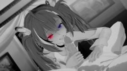 1boy 1girls 3d black_and_white eyes_glowing handjob hololive hololive_english hololive_english_-council- hololive_english_-promise- monochrome nanashi_mumei on_bed tagme virtual_youtuber wataamage