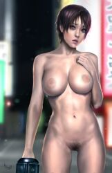 breasts brown_eyes brown_hair completely_nude dark_hair female female_only gantz gun kei_kishimoto large_breasts nervous nude pubic_hair pussy realistic short_hair solo thigh_gap uncensored very_short_hair weapon worried