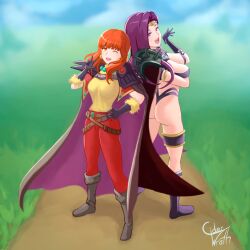 2girls alternate_costume ass bangs big_ass breasts cape celica_(fire_emblem) ciderwrath cosplay female female_only fire_emblem fire_emblem_echoes:_shadows_of_valentia large_breasts lina_inverse_(cosplay) long_hair looking_at_viewer medium_breasts medium_hair multiple_girls naga_the_serpent_(cosplay) nintendo one_eye_closed open_mouth orange_eyes orange_hair purple_eyes purple_hair revealing_clothes slayers smile sonya_(fire_emblem)