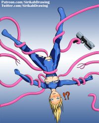 1girls abs aroused blaster blonde_hair blue_background blue_eyes blush bodysuit cameltoe defeated exclamation_point gun hair_ornament hair_tie hard_nipples imminent_sex imminent_tentacle_sex metroid nipple_bulge nipples_visible_through_clothing pink_tentacles ponytail purple_tentacles questionable_consent rape samus_aran shocked simple_background sirikahdrawing skin_tight surprised tentacle tentacle_around_leg tentacle_monster tentacle_restraint tentacles_everywhere weapon white_skin yellow_hair zero_suit zero_suit_samus