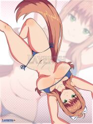 bikini doki_doki_literature_club green_eyes huge_breasts layerth long_hair looking_at_viewer monika_(doki_doki_literature_club) pink_hair upside-down voluptuous