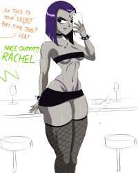 1girls breasts choker dc dc_comics english_text female female_focus female_only fishnet_stockings forehead_jewel goth legwear miniskirt porongoneitor purple_eyes purple_hair rachel_roth raven_(dc) skirt solo standing straight_hair teen_titans text thick_thighs thong