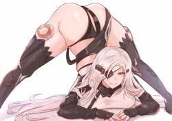 absurdres alchemist_(girls'_frontline) ass bangs black_eyepatch black_footwear black_gloves black_panties boots breasts elbow_gloves eyebrows_visible_through_hair eyepatch female girls'_frontline gloves hair_ornament hairclip hands_on_floor highres jack-o'_challenge large_breasts long_hair looking_at_viewer muteppona_hito open_mouth orange_eyes panties parted_lips sangvis_ferri silver_hair smile solo thighs top-down_bottom-up underwear white_background