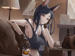 1girls alcohol animal_ears areolae arknights bare_shoulders big_breasts black_hair blush breasts breasts_visible_through_clothing brown_eyes choker couch dobermann_(arknights) drinking female female_only glass gloves half-closed_eyes happy head_on_hand lamp long_hair looking_at_viewer mole mole_under_eye navel nipples nipples_visible_through_clothing oripathy_lesion_(arknights) sama24654684 sitting sitting_on_sofa smile sofa solo teeth thong underwear