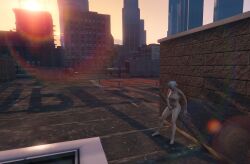 1girls belly_button big_breasts brittany_angel cityscape feet female_only glasses grand_theft_auto grand_theft_auto_v masturbation naked_female nipples nopixel outdoor_nudity outside policewoman ponytail sun_rays tagme thighs white_hair