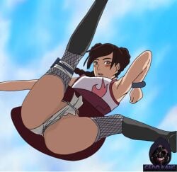 blush boots bracelet brown_eyes brown_hair from_below fundoshi goeniz kimono long_hair looking_at_viewer looking_down naruto naruto:_the_last naruto_(series) naruto_shippuden solo solo_focus stockings tenten under_skirt underwear viewed_from_below