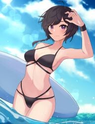 bikini black_bikini black_hair kometa_virtual_live looking_at_viewer medium_breasts miria_(vtuber) purple_eyes sea surfboard swimsuit swimwear virtual_youtuber