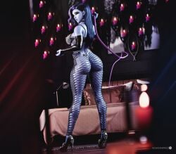 1girls 3d ass blizzard_entertainment bubble_butt dat_ass dominatrix female female_only fishnets high_heels long_hair makeup noahgraphicz overwatch purple_hair solo standing whip widowmaker