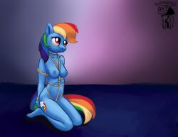 abstract_background anthro arms_tied bondage bound breasts cutie_mark equid equine female friendship_is_magic hands_behind_back kneeling looking_up mammal my_little_pony nude pegasus rainbow_dash_(mlp) restraints rope rope_bondage rope_harness solo straight_hair warskunk_(artist) wings