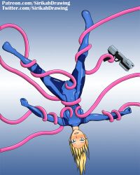 1girls abs aroused blaster blonde_hair blue_background blue_eyes blush bodysuit cameltoe defeated exclamation_point gun hair_ornament hair_tie hard_nipples imminent_sex imminent_tentacle_sex metroid nipple_bulge pink_tentacles ponytail purple_tentacles questionable_consent rape samus_aran shocked simple_background sirikahdrawing skin_tight surprised tentacle tentacle_around_leg tentacle_monster tentacle_restraint tentacles_everywhere weapon white_skin yellow_hair zero_suit zero_suit_samus