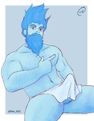 arm_hair bara beard biceps blue_skin bulge bulge_through_clothing destripando_la_historia erection eyebrows hard_on loincloth looking_at_viewer male male_only masturbation muscular muscular_male muscular_thighs pecs ren_k2l zeus zeus_(destripando_la_historia)