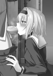 1boy absurdres bangs blush censored eyebrows_visible_through_hair fellatio female hair_ornament hairband highres ijima_yuu kneeling kuzuryuu_yaichi monochrome mosaic_censoring oral penis ryuuou_no_oshigoto! sailor_collar school_uniform serafuku short_hair snowflake_hair_ornament sora_ginko steam sweatdrop veins veiny_penis