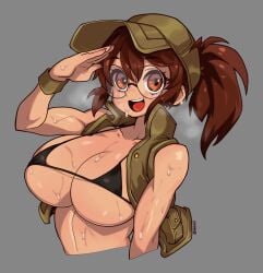 1girls big_breasts black_bikini_top breasts brown_eyes brown_hair cap female fio_germi glasses hat looking_at_viewer metal_slug micro_bikini partially_undressed ponytail round_glasses smiling_at_viewer sweat sweaty_body sweaty_breasts waa153