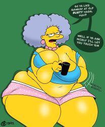 bbw breasts breathotter clothed clothing female phone selma_bouvier solo tank_top text text_bubble the_simpsons thick_thighs