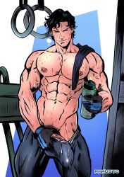 1boy abs absurdres artist_name bara batman_(series) black_gloves black_hair black_pants black_shirt blue_eyes blue_gloves bottle bulge closed_mouth crotch_grab dc dc_comics dick_grayson erection erection_under_clothes gloves highres holding holding_bottle large_pectorals male male_focus male_only male_pubic_hair muscular muscular_male navel nightwing nipples pants pectorals penis penis_peek phausto pubic_hair shirt shirt_on_shoulders short_hair solo solo_male sweat two-tone_gloves water_bottle